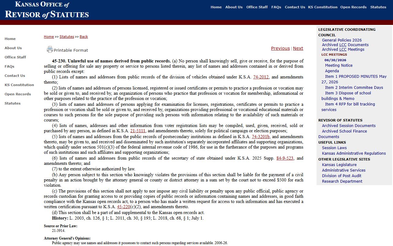 Clay County clerk records K.S.A. 45-230 commercial use restriction