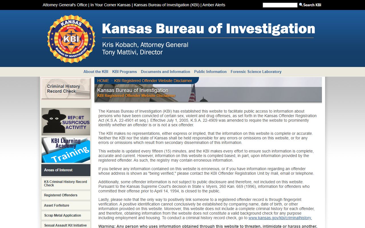 Clay County arrest records KBI registered offender search disclaimer