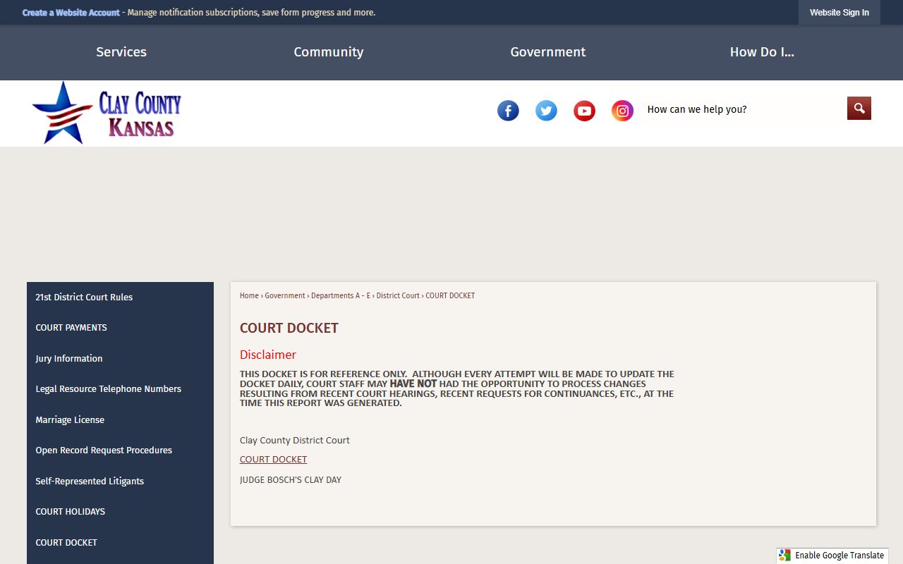 Clay County court dockets official docket page