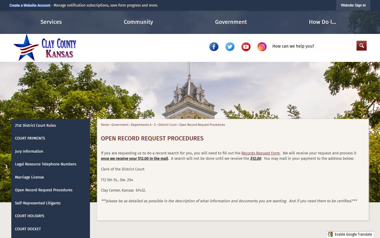 Clay County District Court records office page