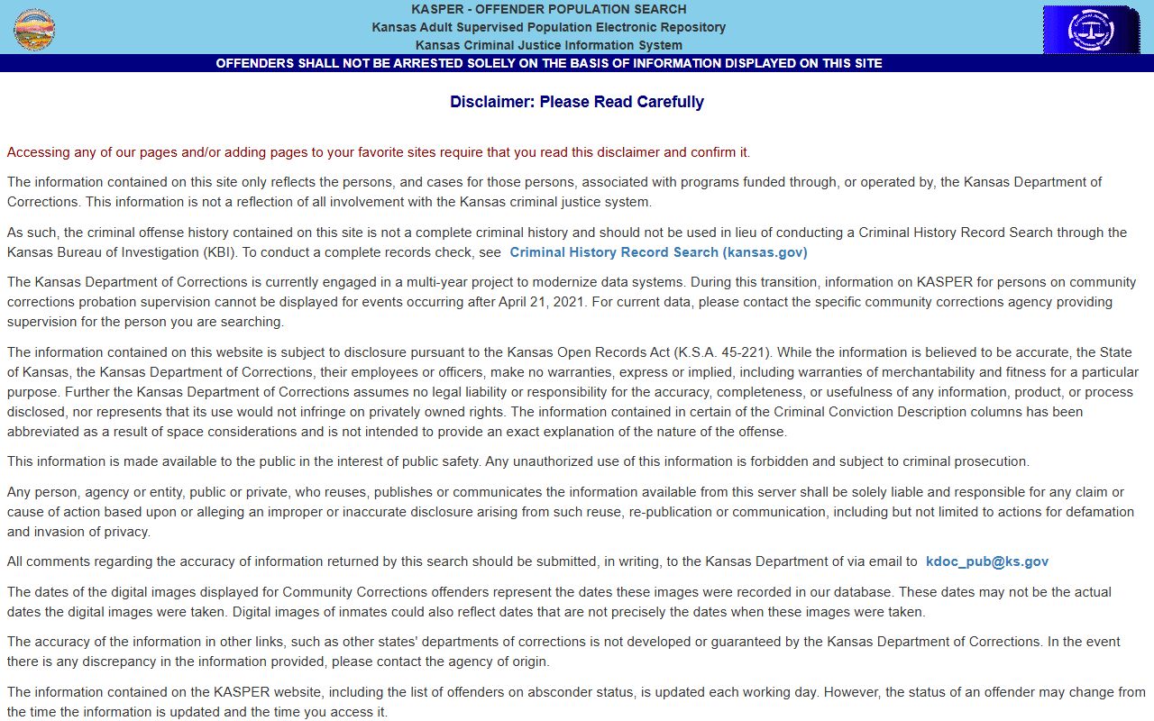 Clay County inmate records KDOC KASPER search disclaimer