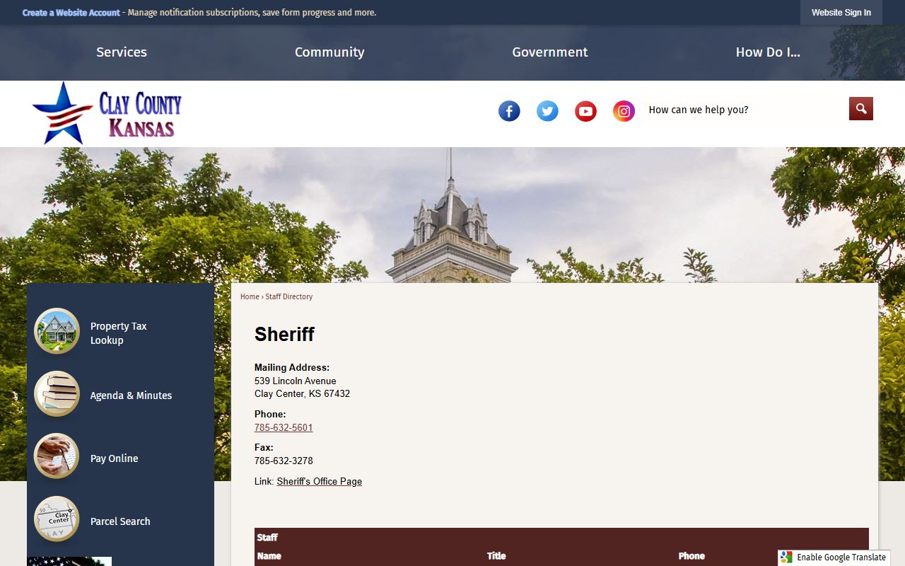 Clay County warrant records Sheriff staff directory